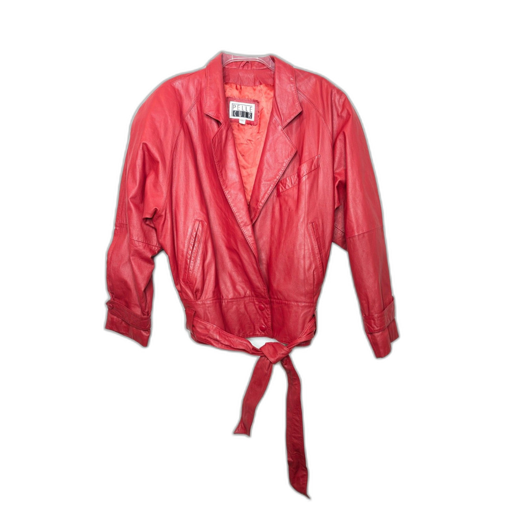 Vintage 80s Cherry Red Cropped Leather Jacket Womens Sz L Biker Edgy Pel…